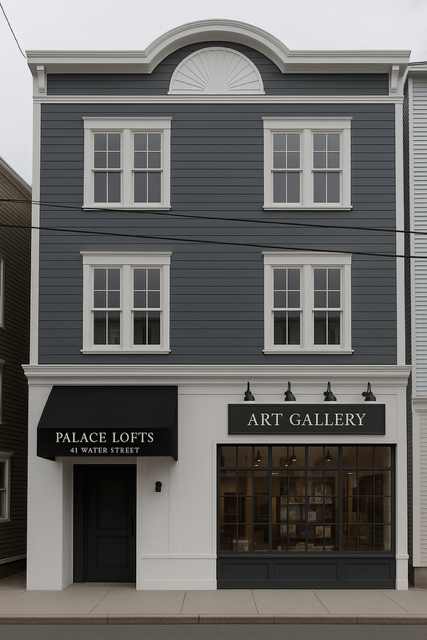 A two story building with a black awning that says Palace Lofts Art Gallery.