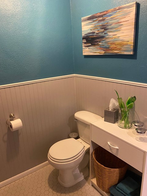 A white toilet sits in a bathroom with a blue wall and a painting above it.
