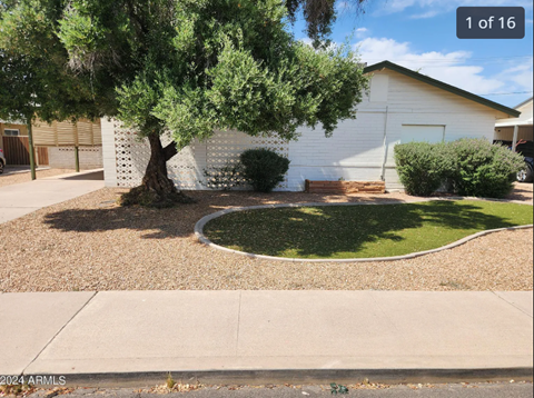 A tree in front of a white house.