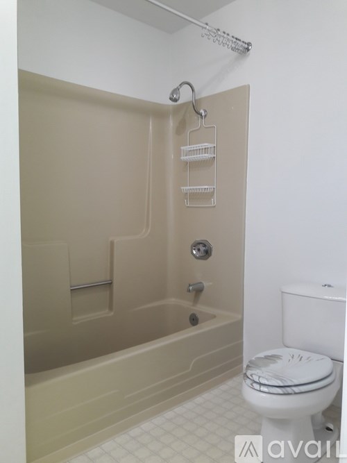 A bathroom with a toilet and a shower stall.