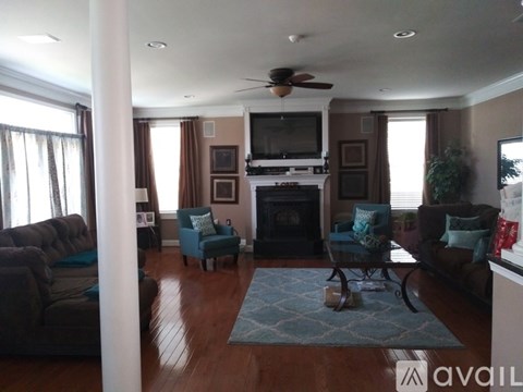 A living room with a fireplace and a television.