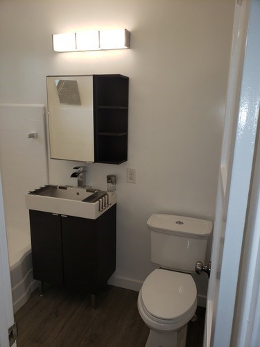 A white toilet sits next to a sink in a small bathroom.