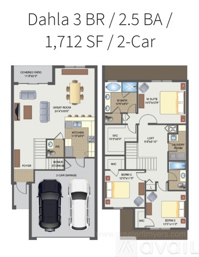 A floor plan of a 3 bedroom, 2.5 bathroom apartment with a 2-car garage.