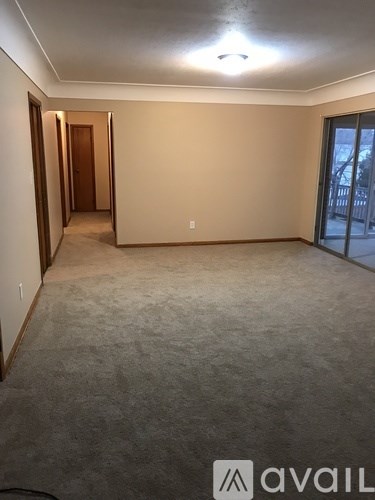 A room with beige walls and carpeted floor.