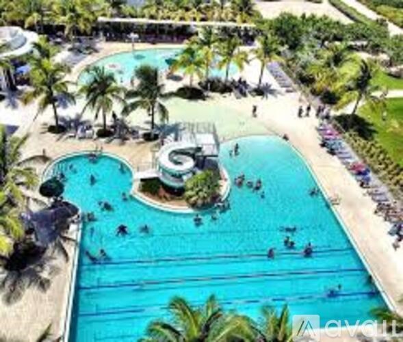 A large swimming pool surrounded by palm trees.