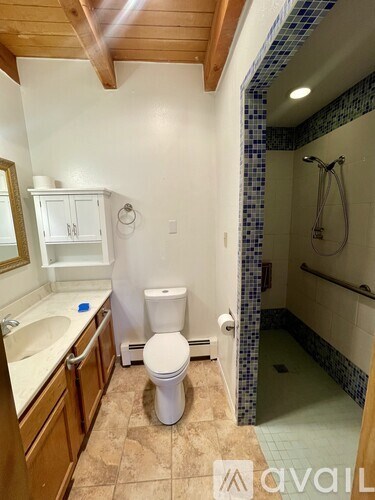 A bathroom with a toilet, sink, and shower.