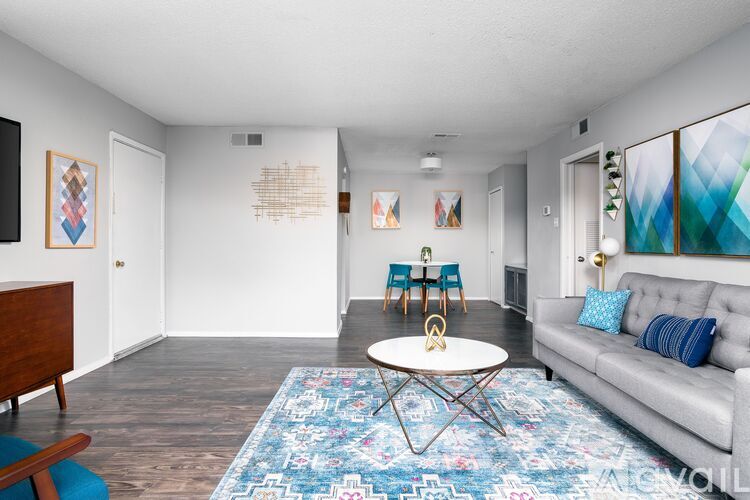 A living room with a grey couch and a blue rug.