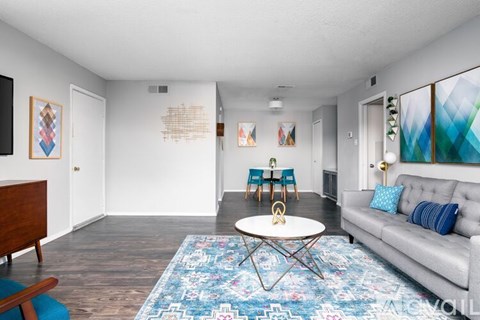 A living room with a grey couch and a blue rug.