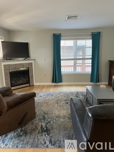 A living room with a fireplace and a television.