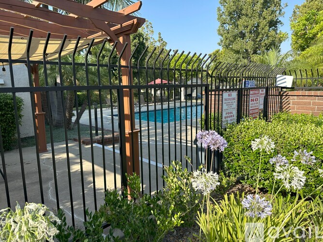A pool surrounded by a black fence with a wooden pergola above it.