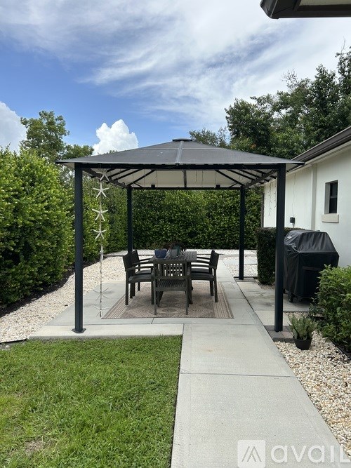 A patio with a table and chairs under a canopy.