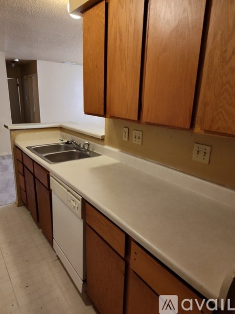 A kitchen with wooden cabinets and a white dishwasher.