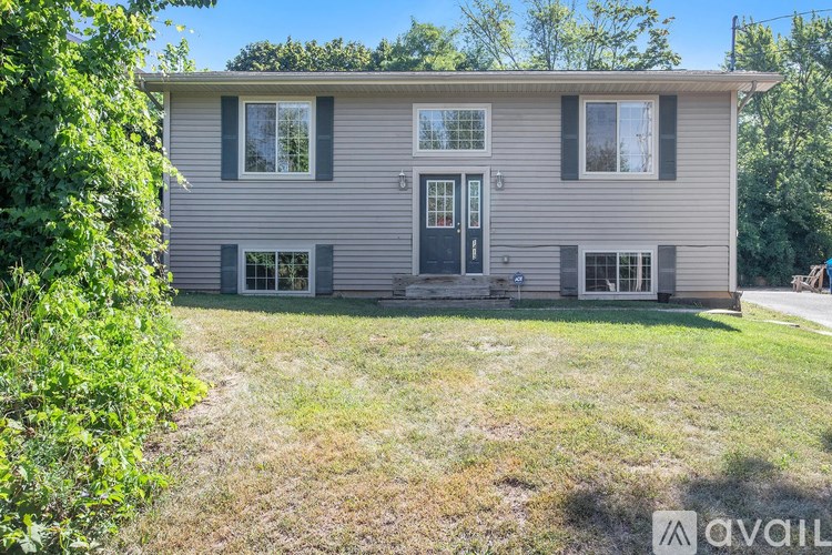 A house with a grey siding and a black door is surrounded by greenery.