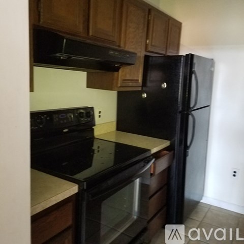 A black fridge and oven in a kitchen with wooden cabinets.