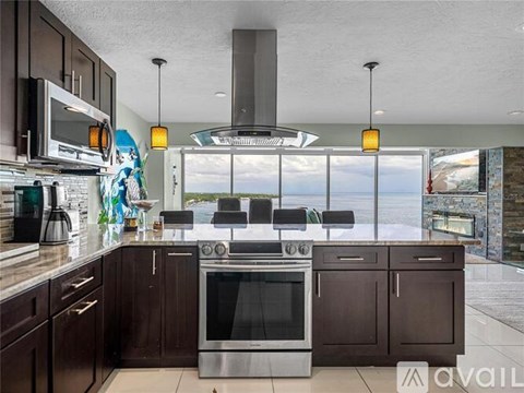 A modern kitchen with dark wood cabinets and a stainless steel oven.