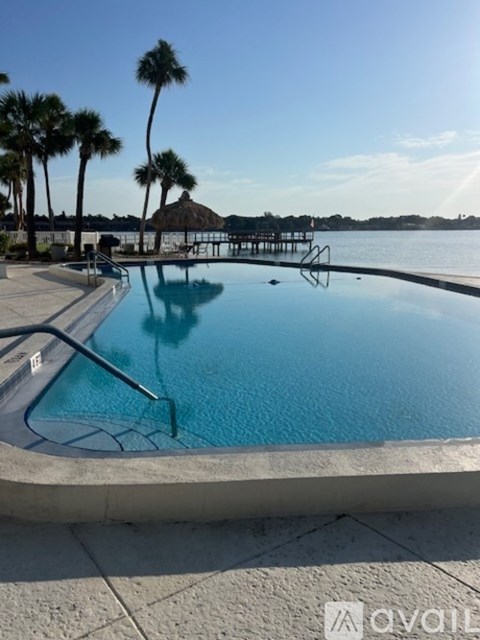 A swimming pool with a sun lounger and palm trees in the background.