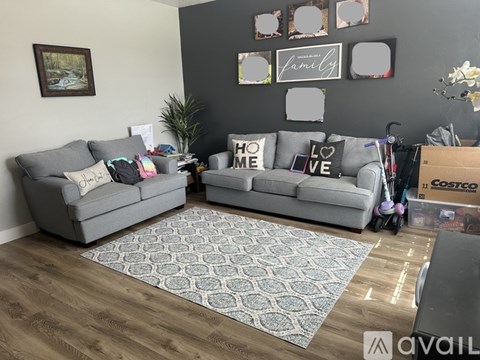 A living room with two grey couches and a rug.