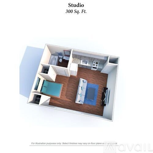 A 300 square foot studio apartment is displayed with a bed, desk, and kitchenette.