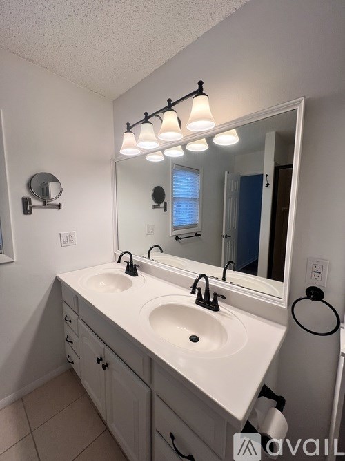 A bathroom with a white sink and a mirror above it.