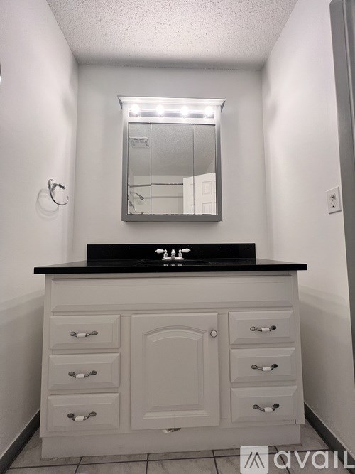 A bathroom vanity with a mirror and light above it.