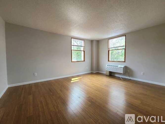 A room with wooden floors and two windows.