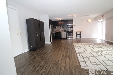 A kitchen area with a wooden floor and a rug in the middle.