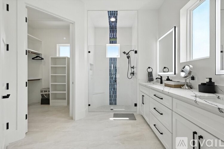 A bathroom with a walk-in shower and a vanity with a mirror.