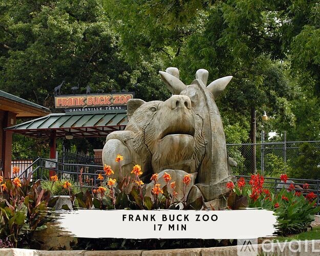 A large stone statue of a hippo is in front of a sign that says Frank Buck Zoo.