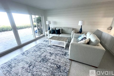 A living room with a white couch and a grey rug.