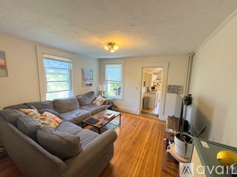 A grey couch sits in a living room with a black rug and a white door.