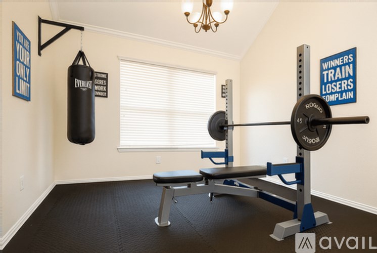 A gym room with a bench, a punching bag, and a barbell.