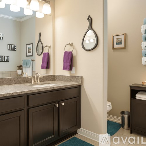 A bathroom with a sink, towel rack, and mirror.