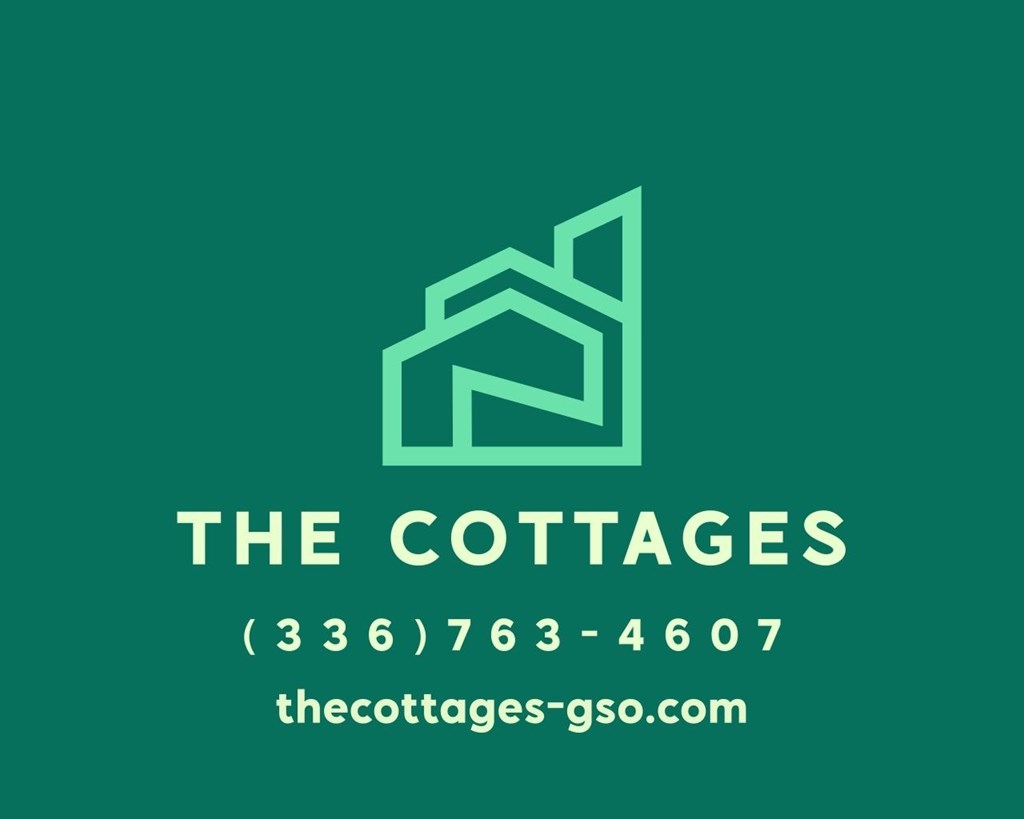 A logo for "The Cottages" with a house icon and contact information.