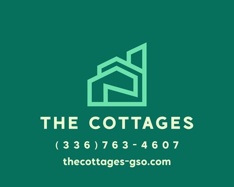 A logo for "The Cottages" with a house icon and contact information.