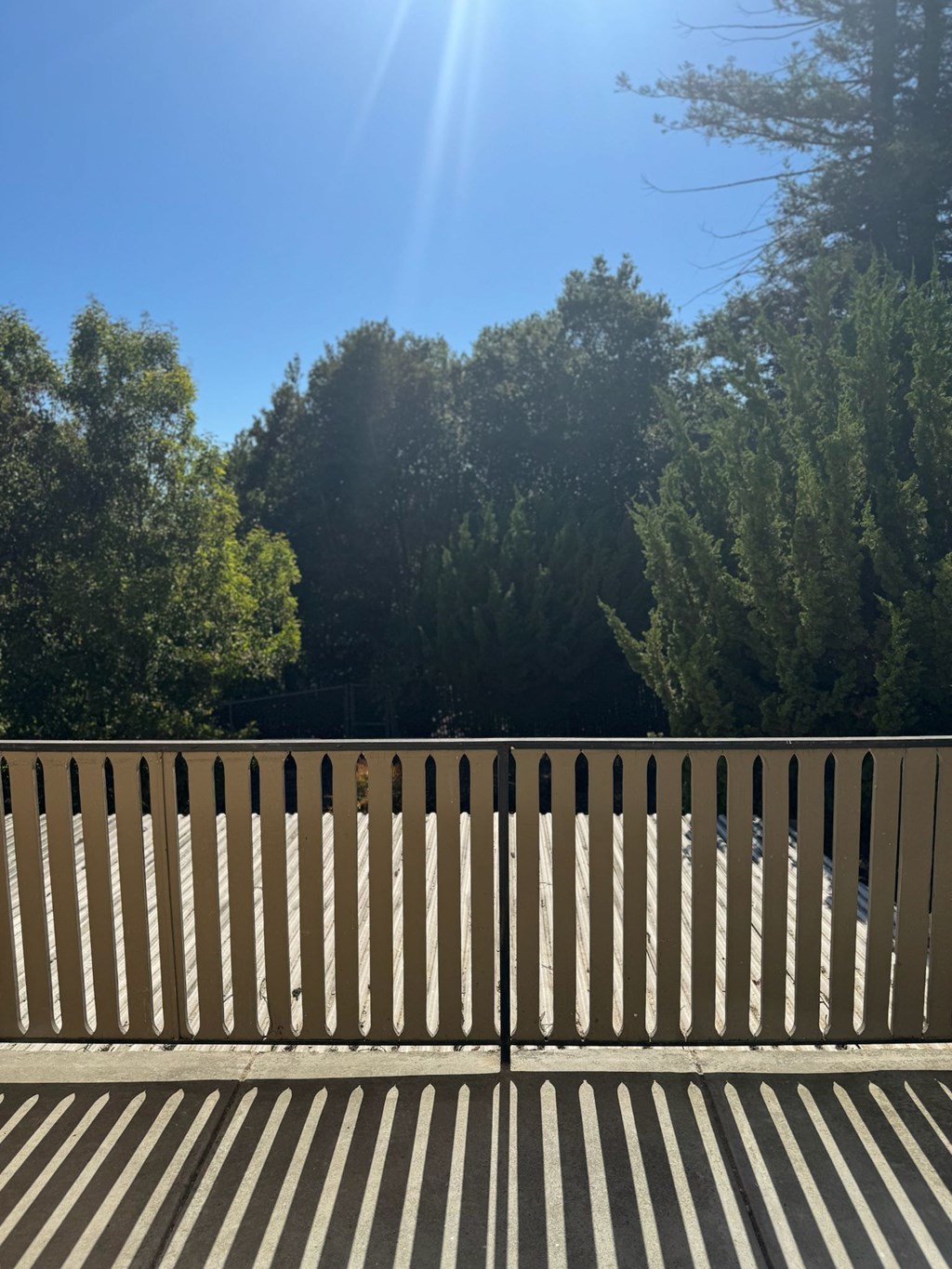 A wooden fence in the foreground with a bright sun and trees in the background.