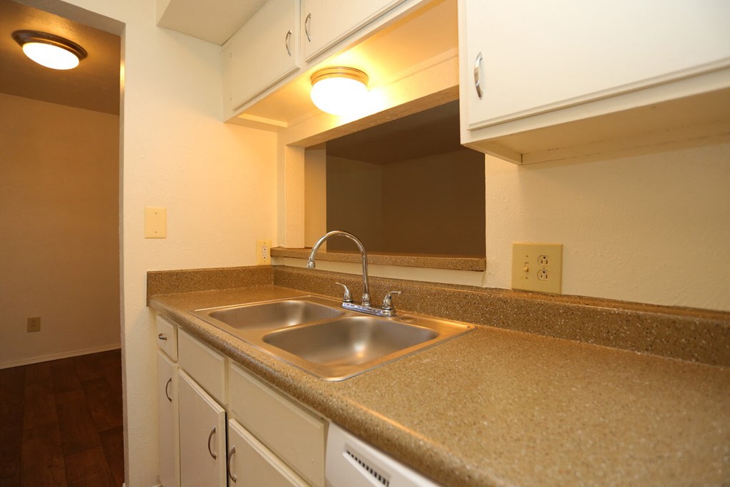 a kitchen with a sink and a mirror