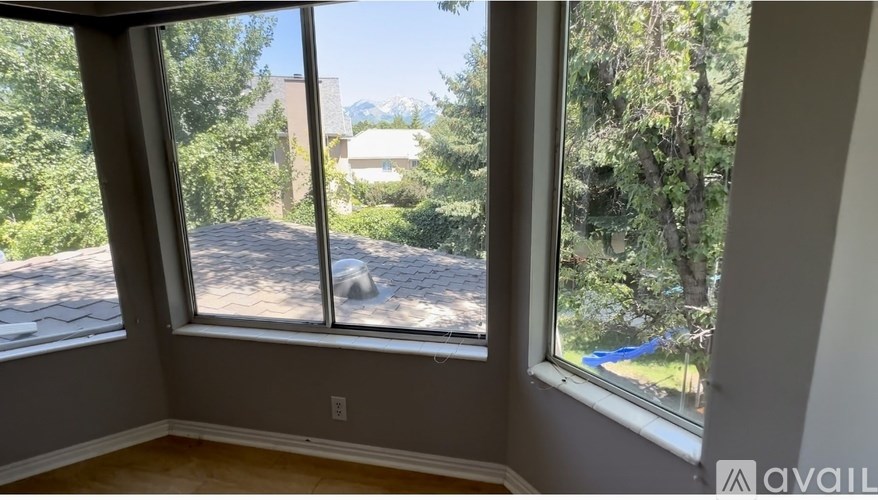 A room with a view of a driveway and trees through the windows.