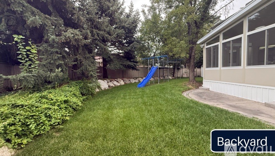 A backyard with a slide and a house.