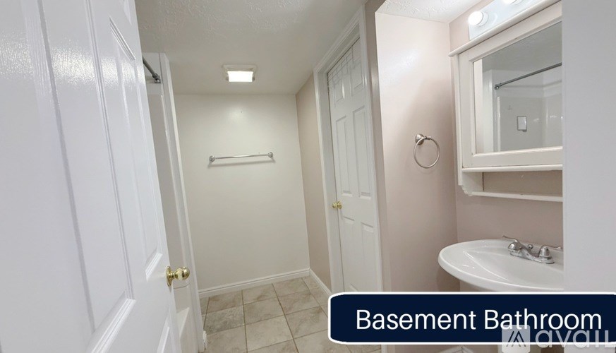 A basement bathroom with a white sink and a mirror.