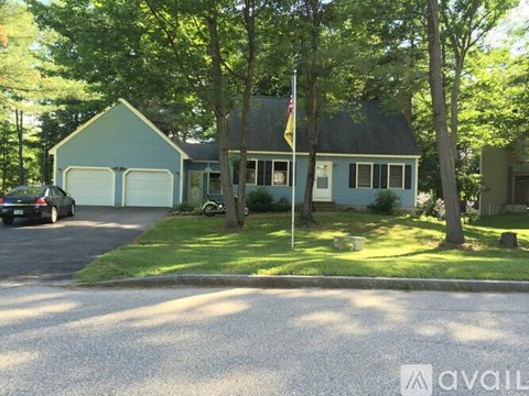 A house with a flag on the front lawn.