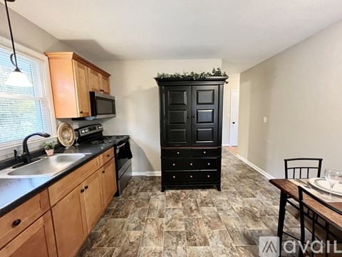 A kitchen with a black cabinet and a sink.