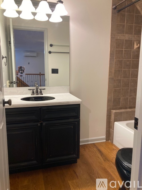 A bathroom with a sink, mirror, and black cabinets.