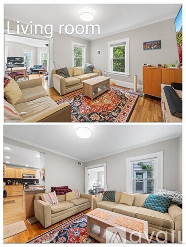 A living room with a couch and a rug.