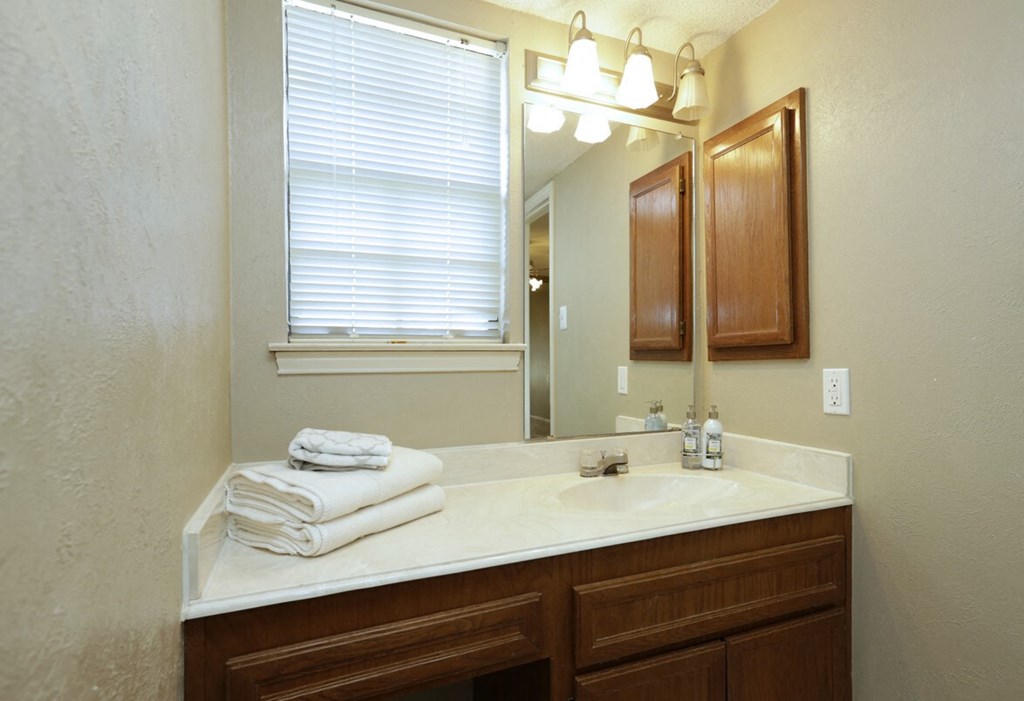 a bathroom with a sink and a mirror and a window