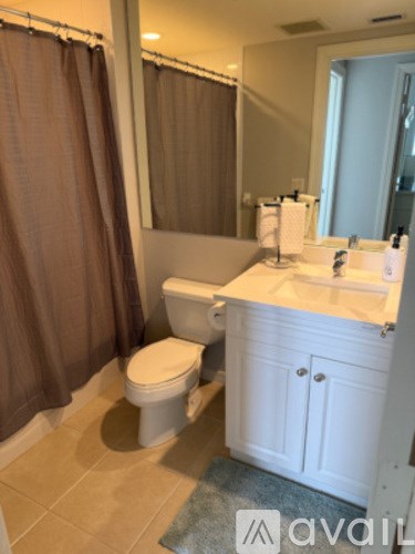 A bathroom with a toilet, sink, and shower curtain.