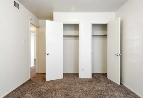 a bedroom with three closets and a carpeted floor
