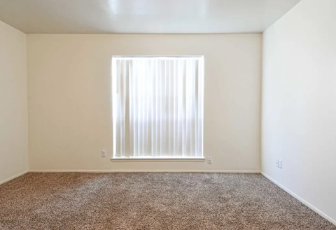 an empty room with a window and carpet