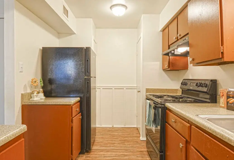 a kitchen with a refrigerator and a stove and a sink