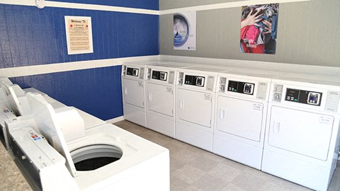 a laundry room with washers and dryers and a row of washing machines