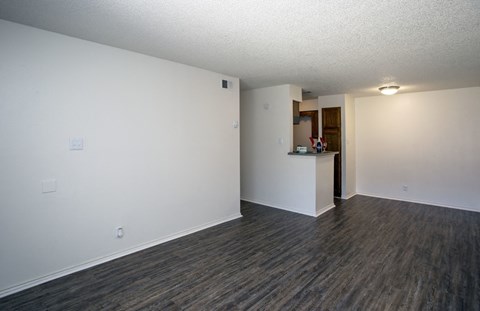 the living room and kitchen of an empty apartment